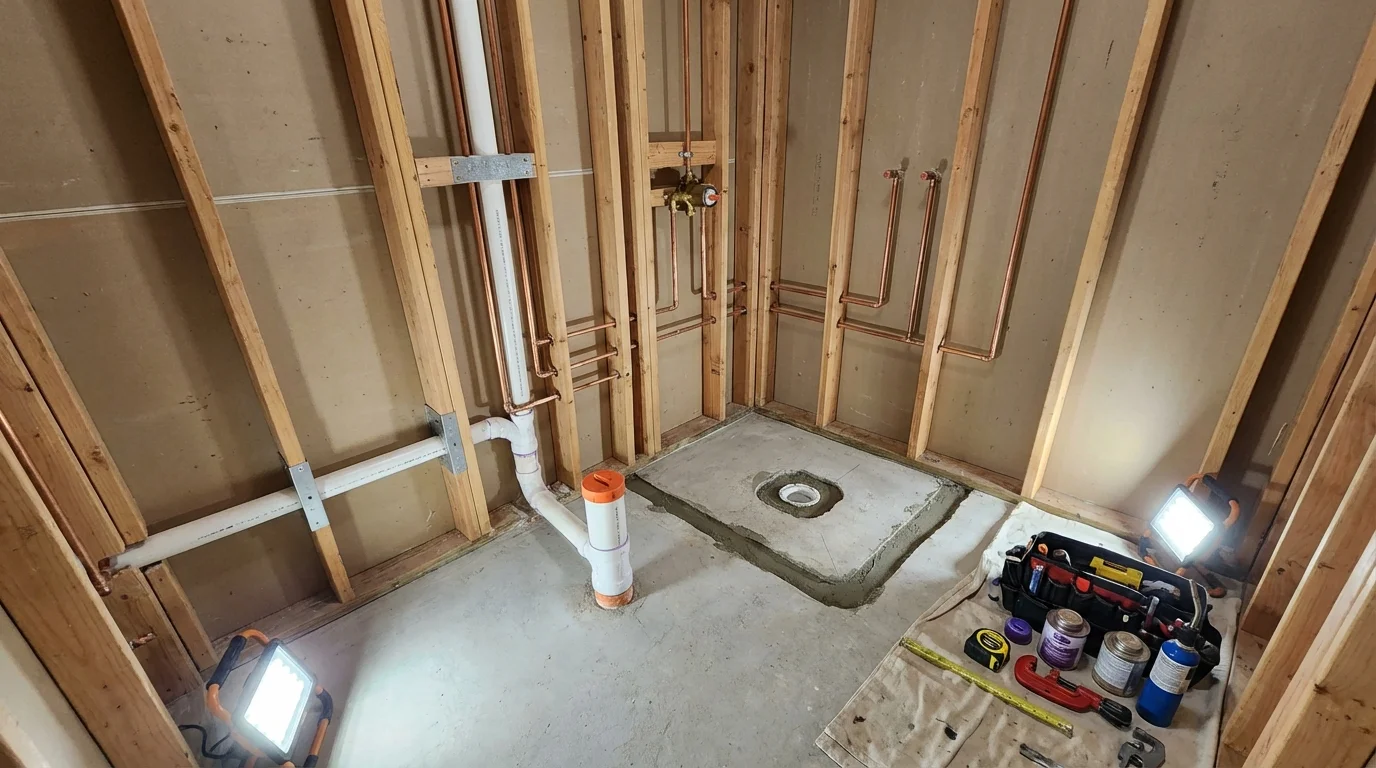 Bathroom rough-in plumbing during remodel by Johns Plumbing LLC in Plattsmouth