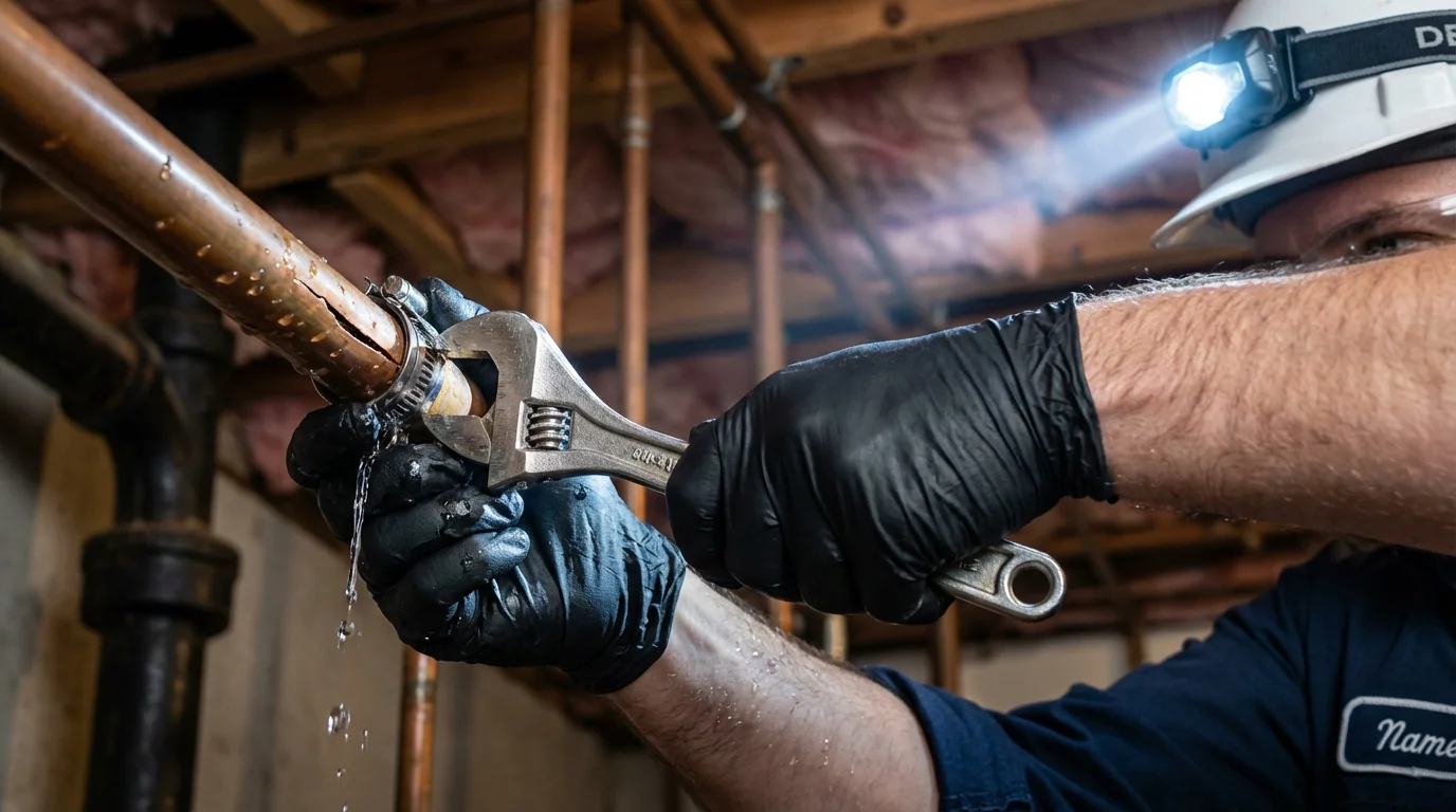 Emergency pipe clamp repair being performed by a Johns Plumbing LLC plumber in Plattsmouth