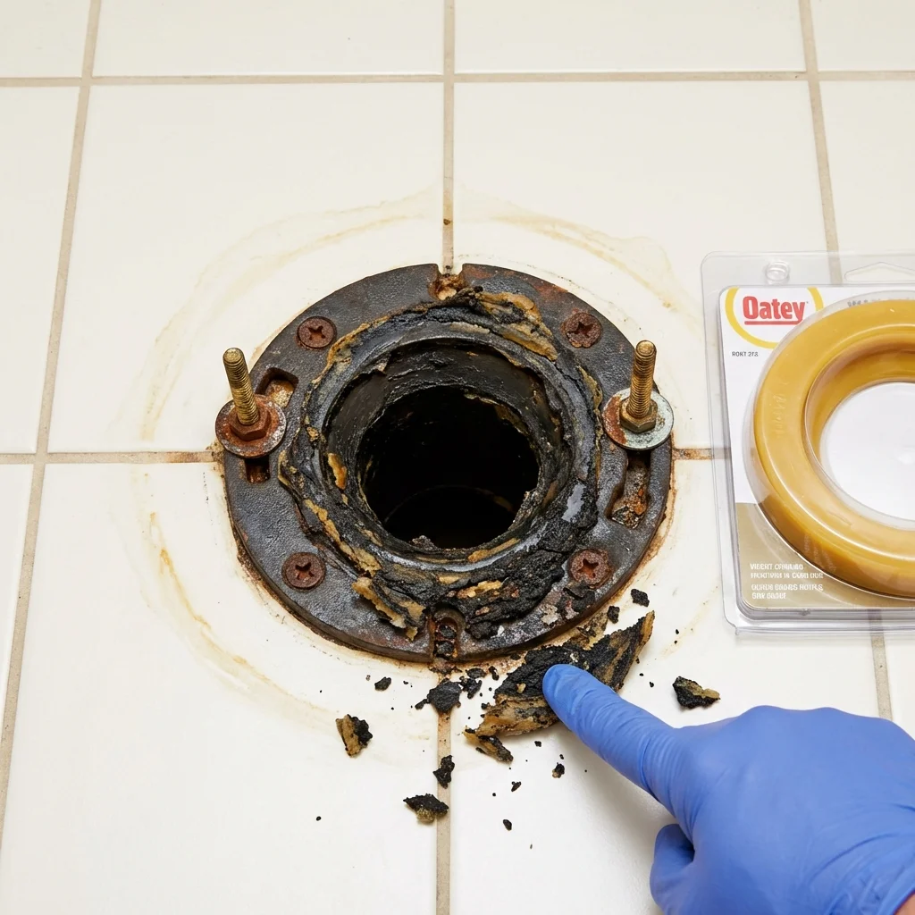 Failed wax ring showing water seepage at the base of a toilet in a Plattsmouth, NE home