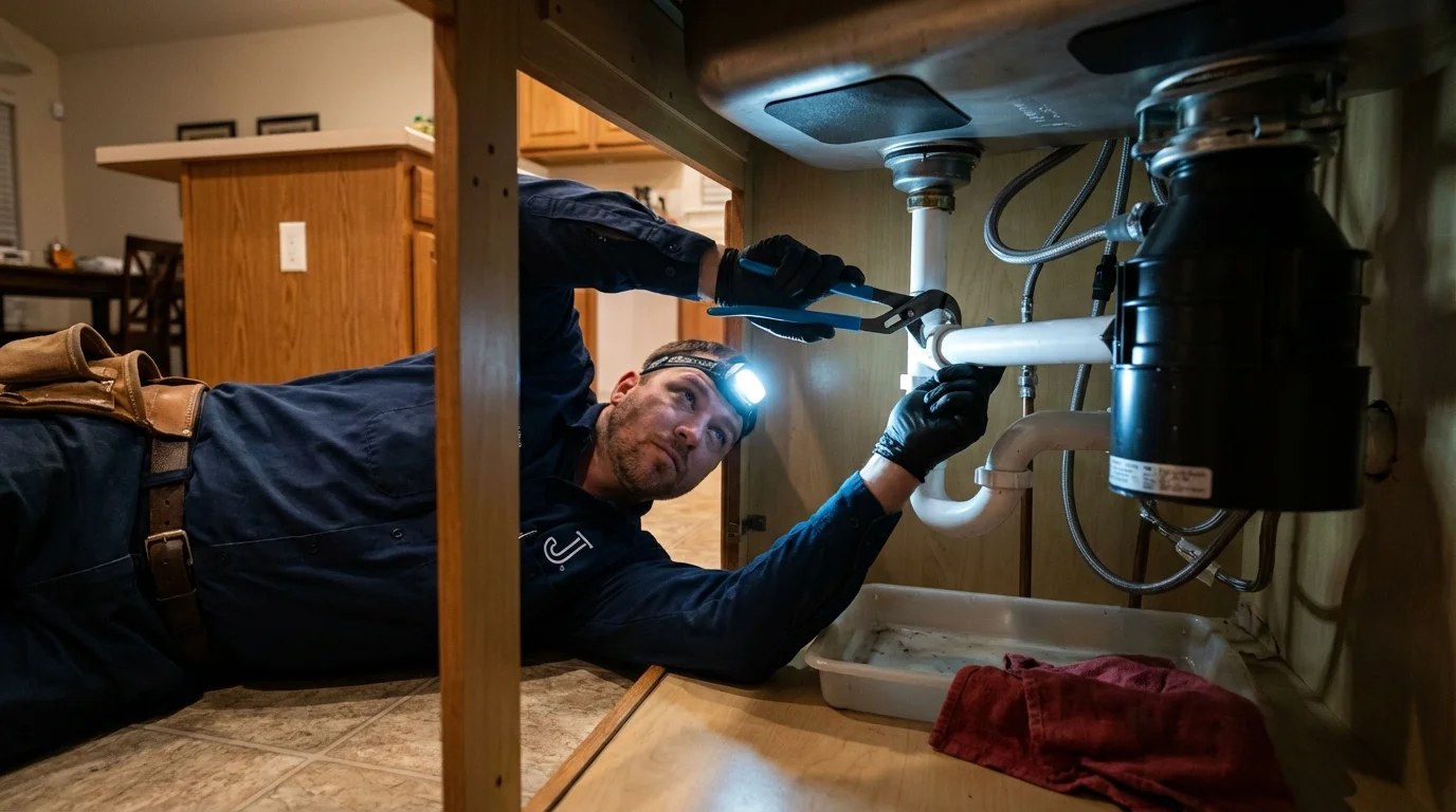 P-trap and supply line connections under a kitchen sink showing a common leak point in Plattsmouth, NE